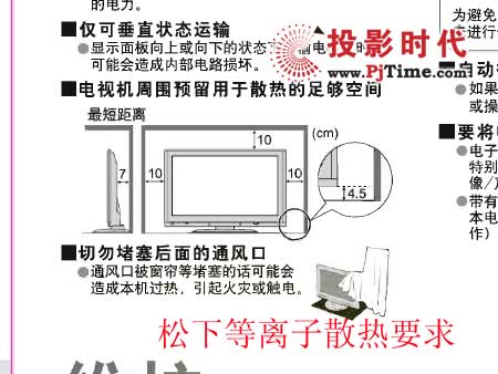 松下等離子電視說明書中對散熱的要求