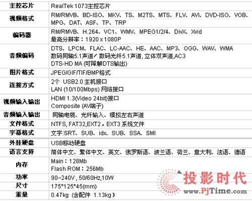 開博爾M1073高清播放機參數(shù)