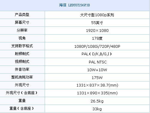 海信LED55T29GP3D參數規格表