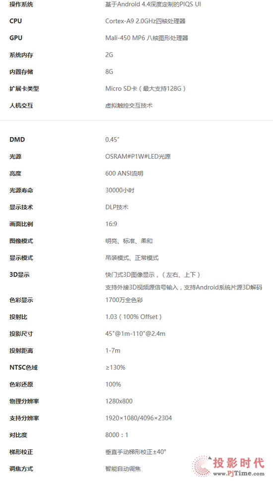 神畫Y1智能投影參數(shù)