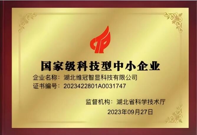 維冠智顯榮獲“國家級科技型中小企業”稱號